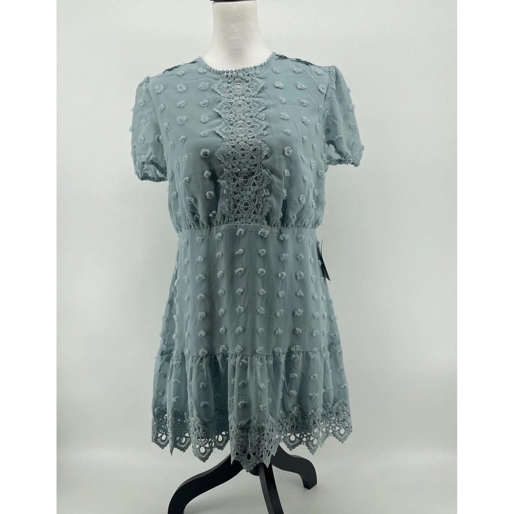 Love X Design Mini Dress Women's Medium Sage Blue Dotted Chiffon Fairy NEW